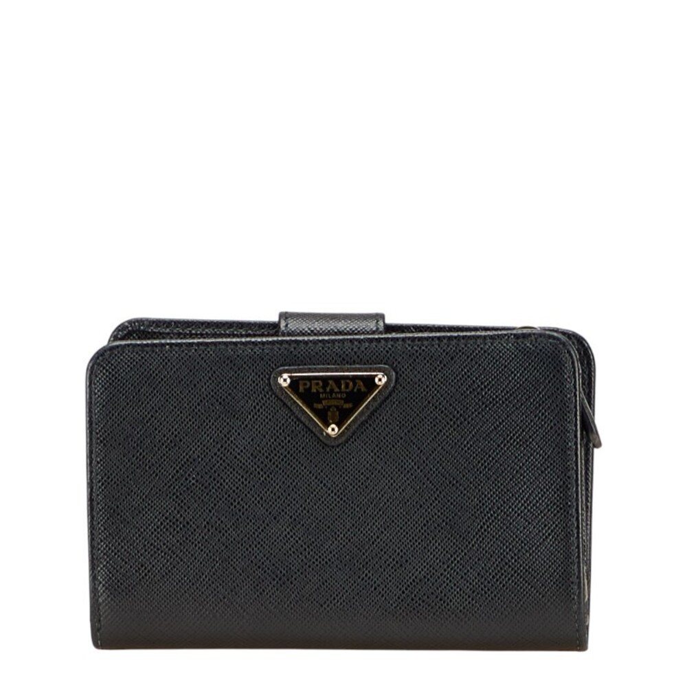 Prada triangular logo plate bifold wallet black Saffiano leather
